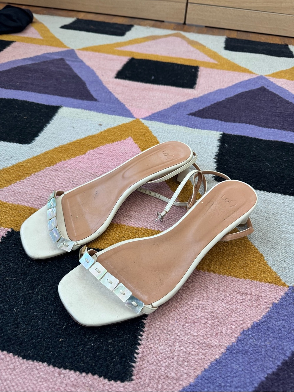 LoQ Ivory Square-Toe Slingback Heels with Pearl Beaded Accents
